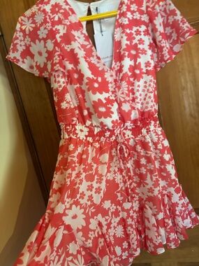 Sugarlips Coral and White Floral V-Neck Romper